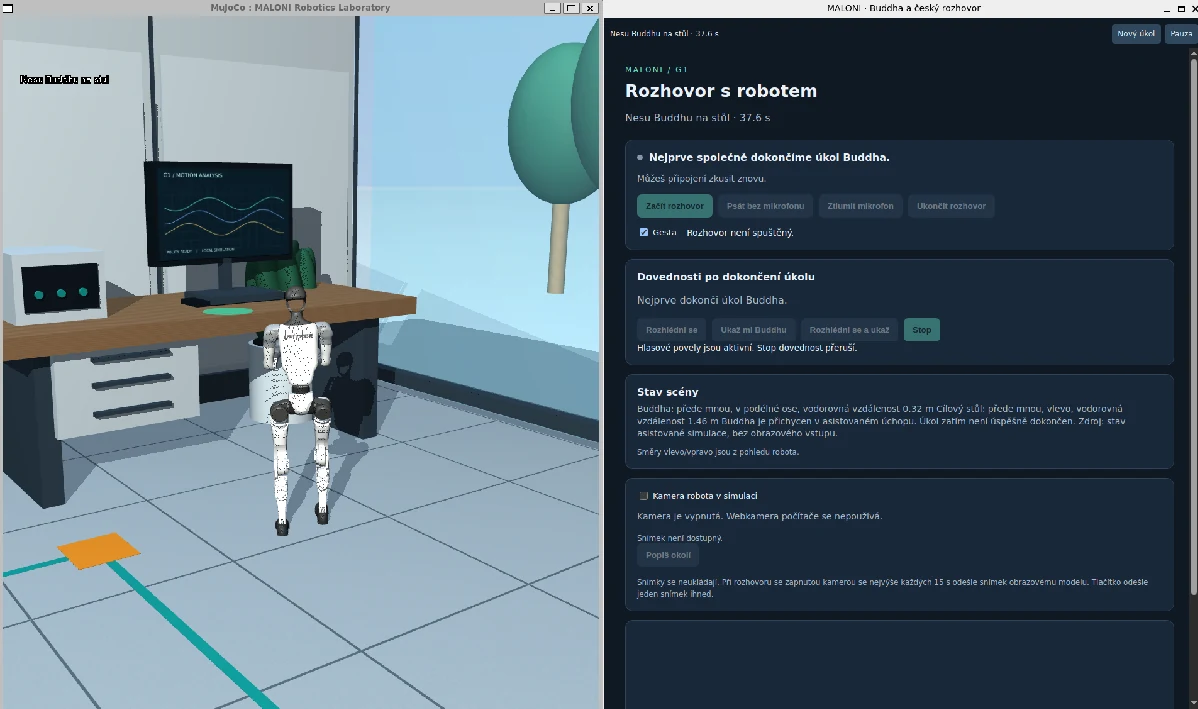 Aimoga Mornine model simulation in MuJoCo next to the Czech MALONI conversation panel and skill controls