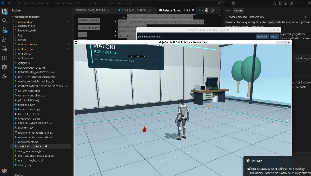 Aimoga Mornine model development in the MALONI MuJoCo laboratory with a humanoid and a red Buddha figurine