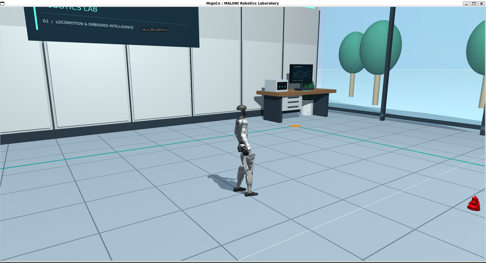 Virtual G1 and a red figurine on the floor of the MuJoCo laboratory