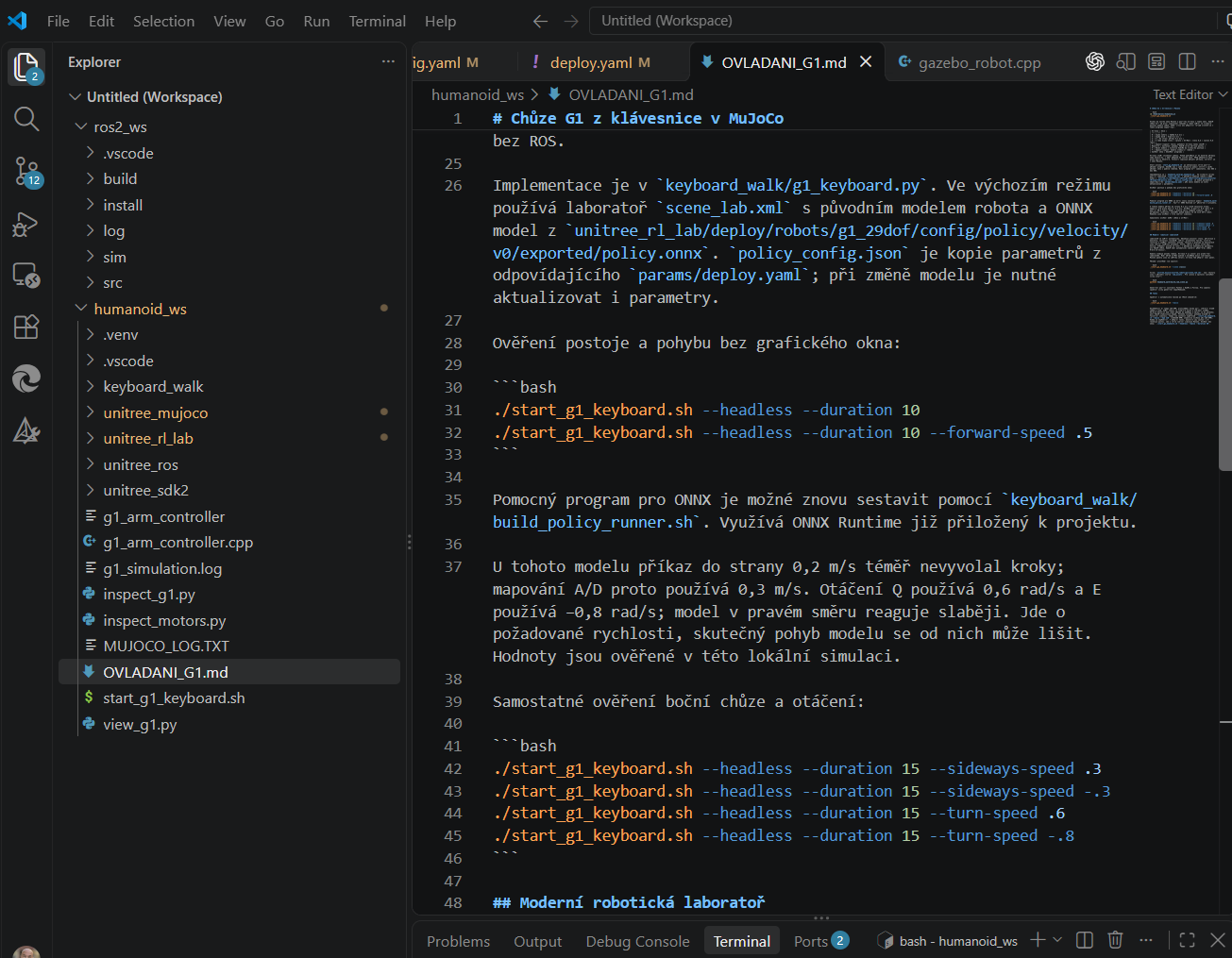 Visual Studio Code documentation of G1 keyboard control in MuJoCo, showing ONNX policy configuration and lateral-motion and turning parameters