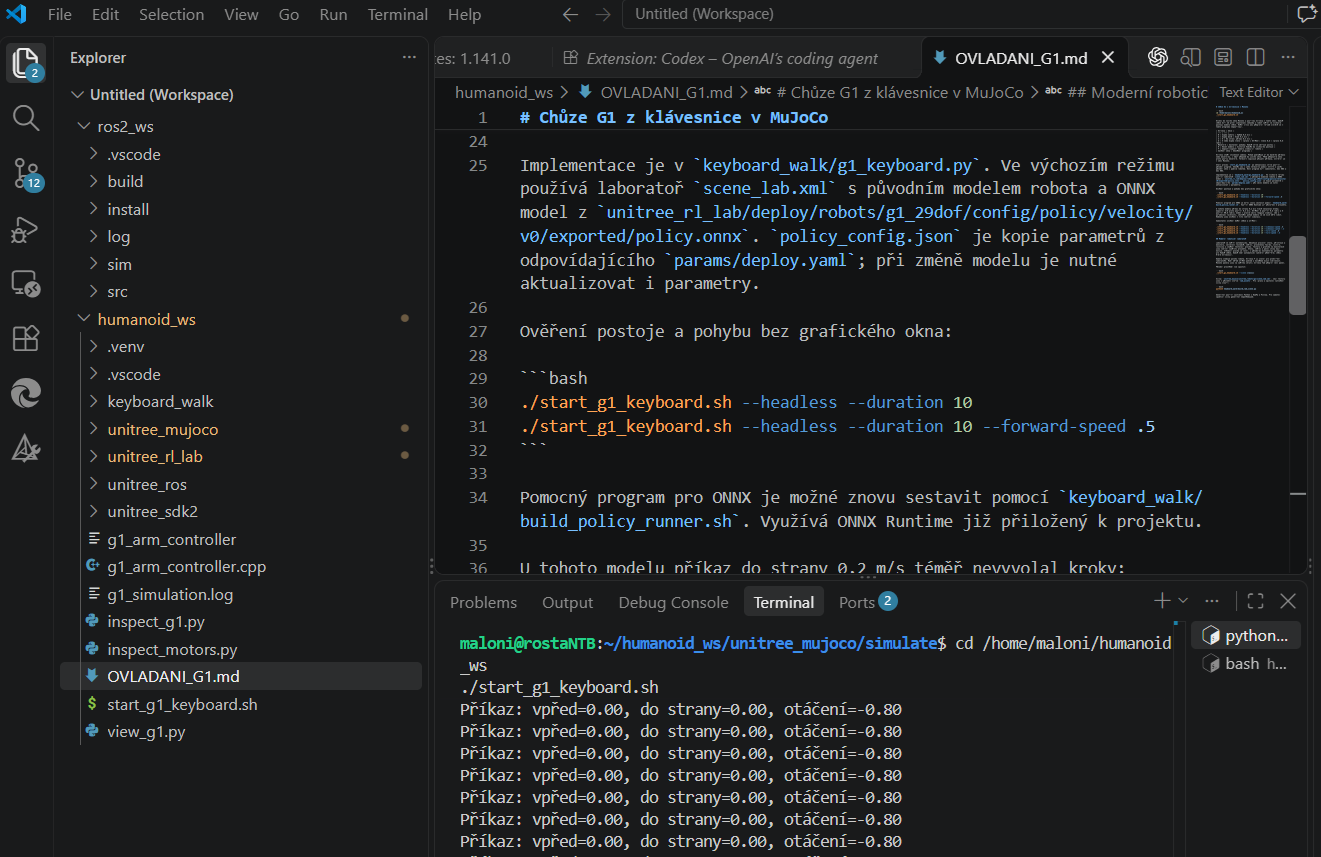 Development environment showing G1 MuJoCo control documentation, C++ components and simulation control command output