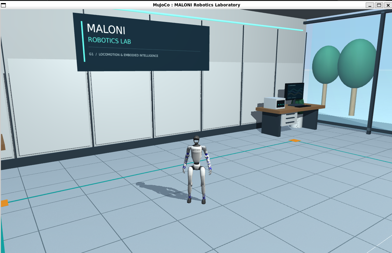 Virtual Unitree G1 model in the MALONI MuJoCo laboratory