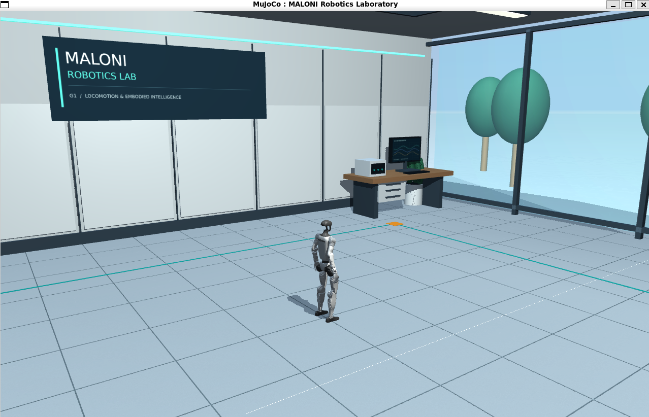Side view of the Unitree G1 model, workstation and MALONI Robotics Lab scene in MuJoCo