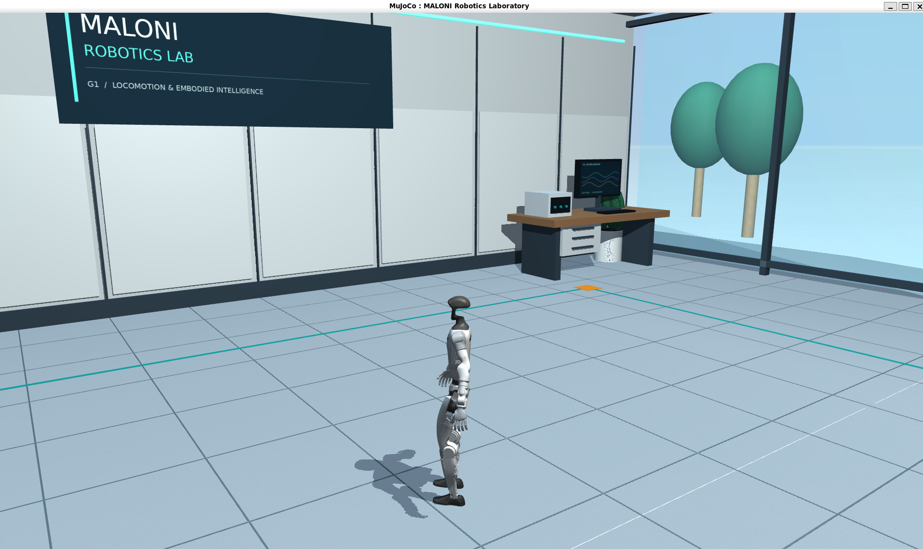 Unitree G1 model in the virtual MALONI Robotics Lab during a MuJoCo motion demonstration